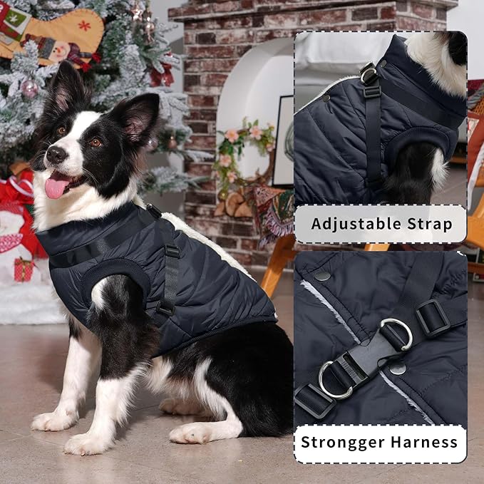 Dog Jacket with Harness,Fleece Lined Warm Puppy Coat for Winter,Soft Windproof Large Dog Vest,Black XXL