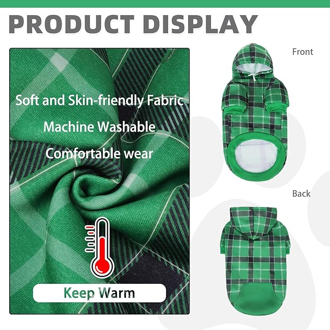 KOOLTAIL Plaid Dog Hoodie for Small Medium Large Dogs - Pet Clothes Sweater with Hat and Pocket for Cold Weather Winter, Warm Soft Dog Hooded Sweatshirt Coat Outfit for Puppy Cats Girls Boys Green L