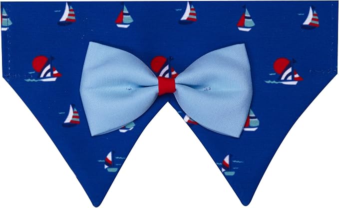 Blueberry Pet Nautical Navy Blue Sailboat Adjustable Dog Bandana Collar with Bow Tie, Medium, Neck 14.5"-20"