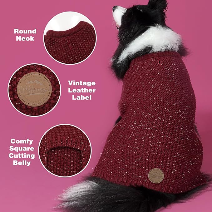KYEESE Dog Sweater for Large Dogs with Leash Hole Warm Pullover with Reflective Yarn Male Thick Stretchy Knitwear Winter Soft Pet Coat boy for Cold Weather Comfy Dog Sweaters, Dark Red,XXX-Large