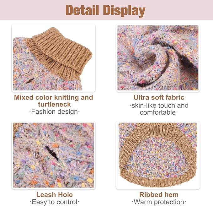 BEAUTYZOO Cable Knit Small Dog Sweater, Color Block with Fuzzy Thread Knitted Turtleneck Dog Knitwear with Dots in a Variety of Colors for Small Medium Dogs Fall Winter Dog Clothes, S Beige