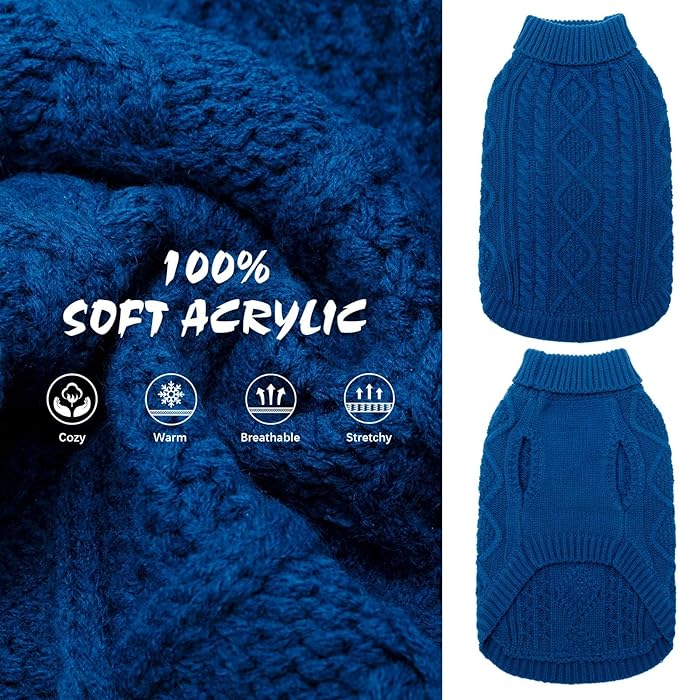 BINGPET Thermal Knitted Dog Sweater for Small Medium Large Dogs,Winter Dog Cat Coat Warm Sweartershirts Outfits,Classic Cable Knit Turtleneck Pullover Dog Jumper Coat Warm Sweartershirts(Blue,M)