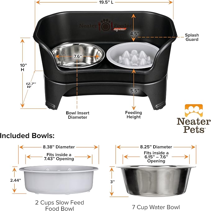 Neater Feeder Express Mess Proof Dog Bowls Elevated for Medium and Large Breed – Made in USA – No Spill Raised Slow Feeder Elevated Dog Bowl Stand, Slow Feed Food and Water Bowl Set, Black