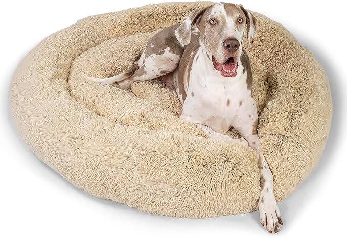 Best Friends by Sheri The Original Calming Donut Dog Bed – Washable Plush Pet Bed for XXL Breeds up to 210 lbs, Shag Faux Fur, Taupe, XXL (54" x 54")