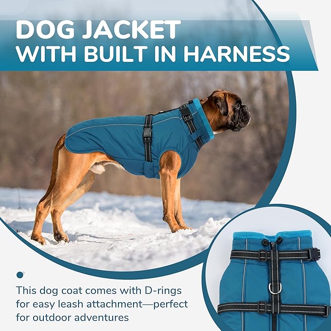 PUMYPOREITY Winter Fleece Coat for Small Dogs, Reflective Dog Jacket with Harness Built in, Waterproof Warm Coat for Dogs, Cold Weather Coats for Outdoor, Therma Windproof Pet Snowsuit, Blue,XS