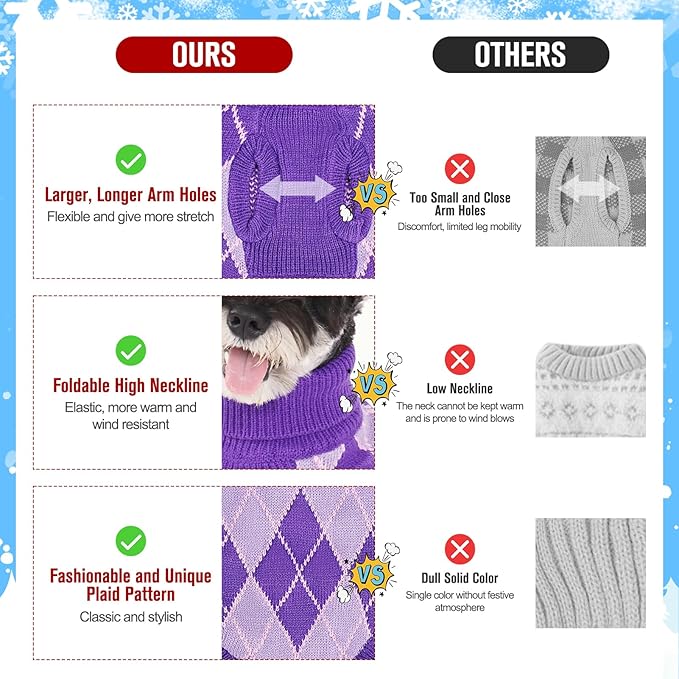 KOOLTAIL Small Dog Sweater, Knit Turtleneck Cold Weather Dog Sweaters for Medium Large Dogs,Soft Diamond Plaid Pullover Knitwear Pet Winter Warm Clothes,Pet Coat Puppy Sweater for Girls Boys,Purple XS