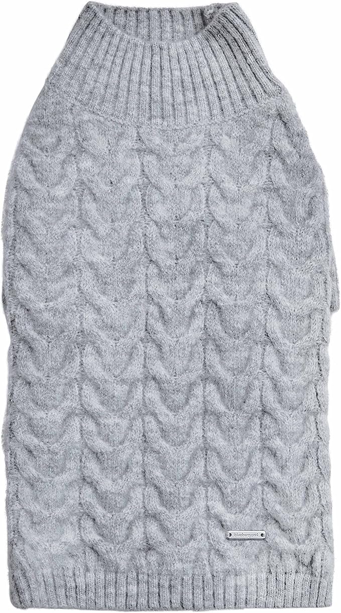 Blueberry Pet Classic Fuzzy Textured Knit Pullover Turtle-Neck Dog Sweater in Heather Grey, Back Length 20", Pack of 1 Clothes for Dogs