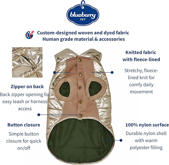 Blueberry Pet Cozy & Comfy Windproof Lightweight Quilted Fall Winter Glossy Dog Puffer Jacket in Gold, Back Length 24", Size 22, Warm Coat for Large Dogs