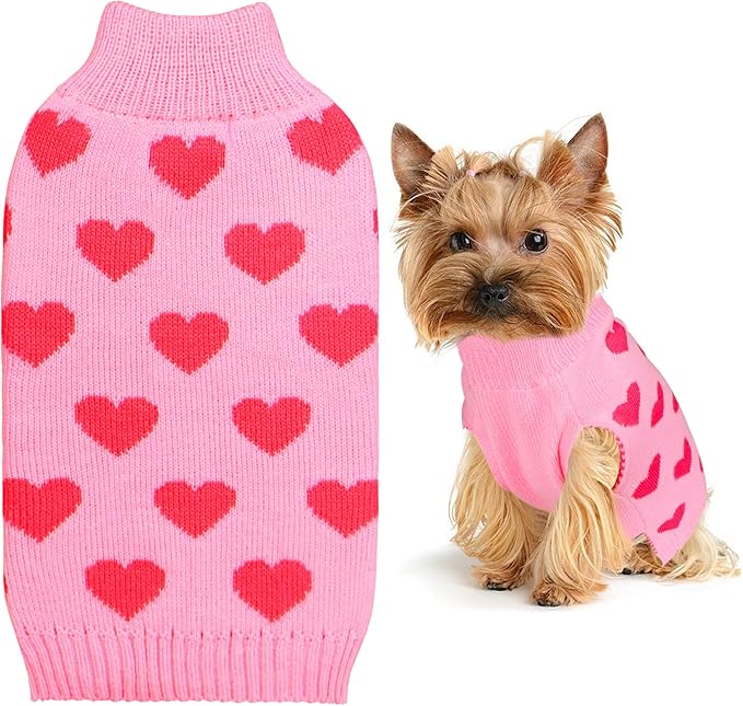 Valentine Dog Sweater Dog Valentines Clothes Outfit Knitted Heart Sweater for Small Medium Large Dogs Pets (Pink, Small)