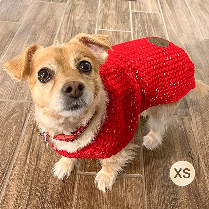 KYEESE Dog Sweater with Leash Hole for Small Dogs Male Warm Pullover with Reflective Thread Soft Knitwear Boy Dog Clothes Cozy Lightweight Thick Sweater Pet Indoor Outdoor Wear,Red,X-Small