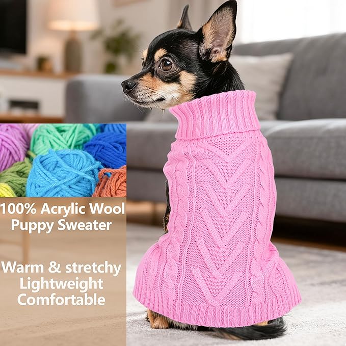Dog Sweaters for Small Dogs Warm Dog Clothes Winter Chihuahua Clothes Girl Boy Puppy Sweater Cable Knitted Doggy Coat Soft Mini Dachshund Sweater with Turtleneck Pullover Design(Pink, X-Large)