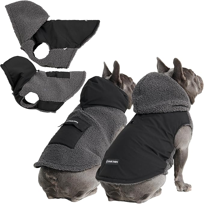 Spark Paws Reversible Fleece Dog Jacket, Hooded Sweater Vest, Warm Coat for Winter - Suitable for Small Medium Large XL XXL Dogs - Black and Grey - XL