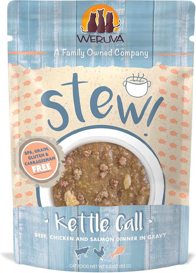 Weruva Classic Cat Stews!, Kettle Call with Beef, Chicken & Salmon in Gravy, 3oz Pouch (Pack of 12)