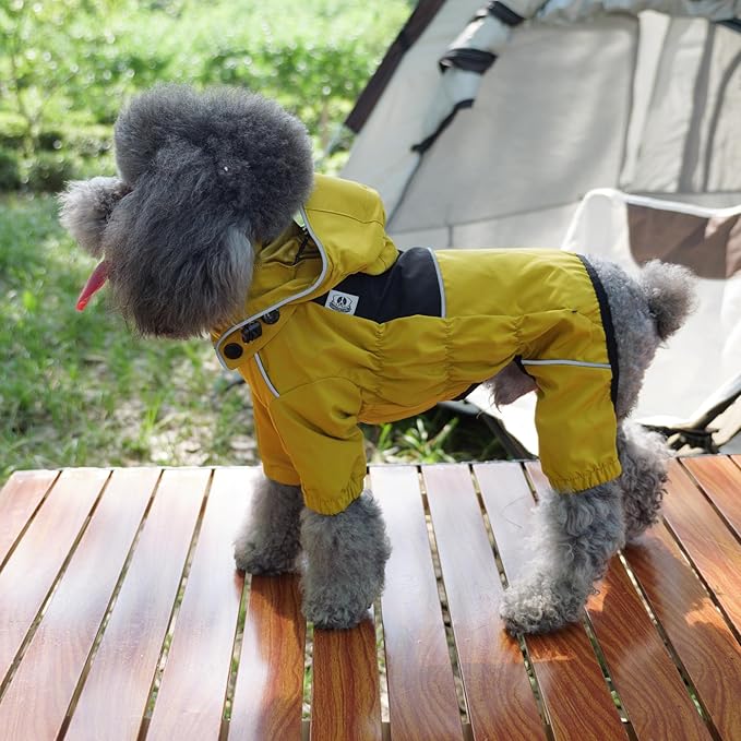 LOVELONGLONG Waterproof Dog Raincoat with Removable Hood – Outdoor Full Body Dog Jacket, Windproof Snowproof Shell Suit – All Season Pet Rain Gear Mustard Yellow 3XL
