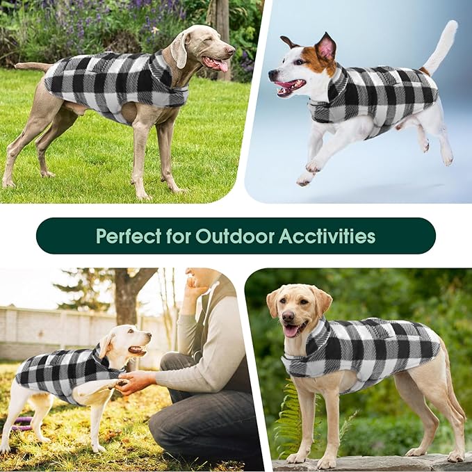 Kuoser Dog Winter Coat, Windproof Dog Fleece Jacket British Style Plaid Cold Weather Doggie Vest Coats, Reversible Cozy Warm Pet Clothes Apparel for Large Size Dogs XL