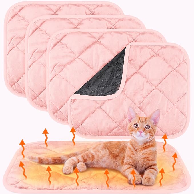 Clysee 4 Pack Self Heating Cat Pad Self Warming Dog Mat Reflects Body Heat Extra Warm Thermal Pet Pad Washable Dog Cat Bed Crate Bed Mat Blanket (Pink,16 x 20 Inch)