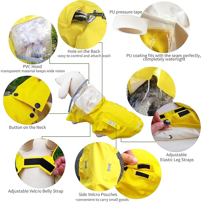 Waterproof Dog Raincoat, Adjustable Reflective Lightweight Pet Rain Clothes with Poncho Hood (Large, Yellow)