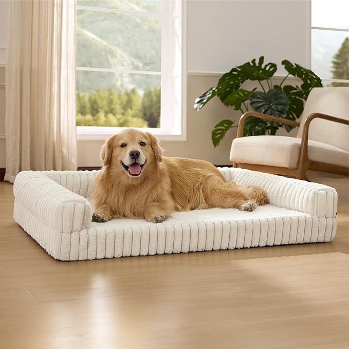 Bedsure Orthopedic Dog Beds for Extra Large Dogs, Waterproof Memory Foam XL Pet Bed with Sides, Non-Slip and Egg-Crate Foam Big Dog Couch Sofa with Washable Removable Corduroy Cover, Cream