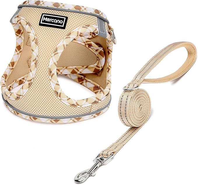 Mercano Soft Mesh Dog Harness and Leash Set, No-Chock Step-in Reflective Breathable Lightweight Easy Walk Vest Harnesses with Safety Buckle for Small Dogs, Cats (Beige, S)