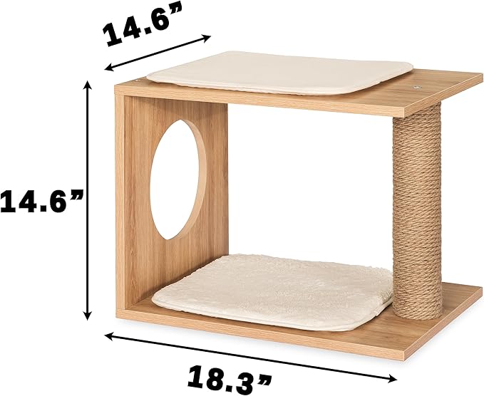 VICTORY RELAX Modern Cat Tree & Condo - Natural Wooden Cat House Indoor with Cozy Kitten Bed, Elevated Perch & Integrated Scratching Post - Stylish Cat Furniture (18.3" D x 14.6" W x 14.6" H)