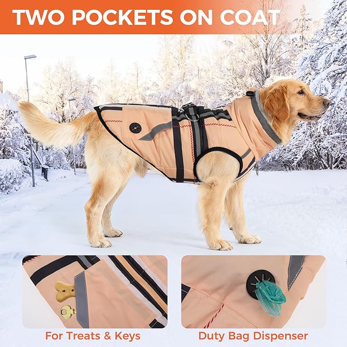 Mihachi Medium Dog Coat with Harness Built in, Warm Dog Winter Coat with Pockets for Dogs, Waterproof Reflective Fleece Vest with Zipper, Pet Windproof Warm Cold Weather Jacket Snowsuit Outfit,Beige M