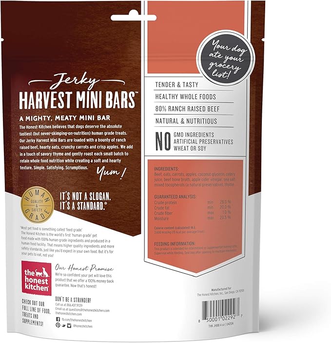 The Honest Kitchen Human Grade Jerky Harvest Mini Bars: Beef Recipe With Carrots & Apples, 4 oz Bag