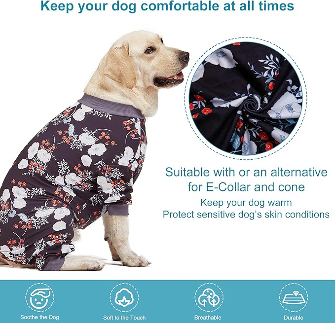 LovinPet Medium/Big Breeds Large Dog Pajamas, Anti Licking, Wound Care/Post Surgery Dogs Pajamas, Lightweight Stretchy Fabric, Beautiful Bouquets Black Print Large Dog Onesies, Pet PJ's /3XL