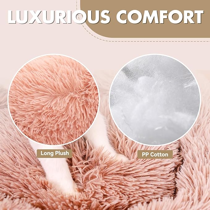 Athena Collection Washable Small Dog Bed, Cat Bed for Indoor Cats, 24 Inches Fluffy Faux Fur Round Pet Bed Calming Cozy Soft Warming Donut for Small Dog Puppy Kitten, Pink