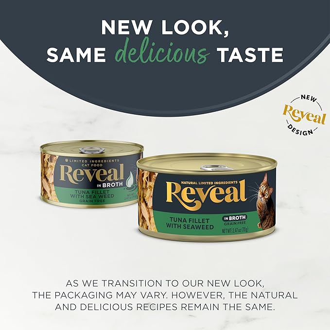 Reveal Natural Wet Cat Food, 24 Count, Grain Free, Limited Ingredient Canned Food for Cats, Tuna with Seaweed in Broth, 2.47 oz Cans