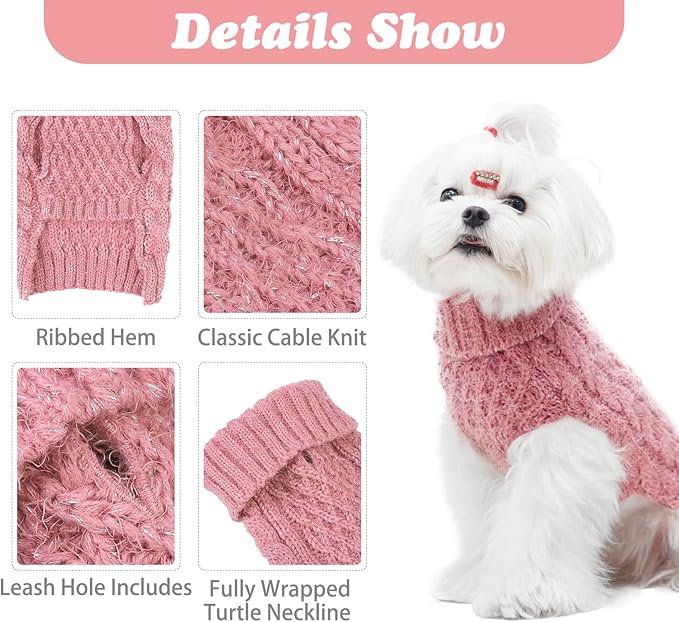 Turtleneck Small Dog Sweaters - Classic Cable Knitwear Winter Coat for Small Medium Dogs Male Female Puppy Dog Cold Weather Clothes Girls Boys, Light Pink, S/M