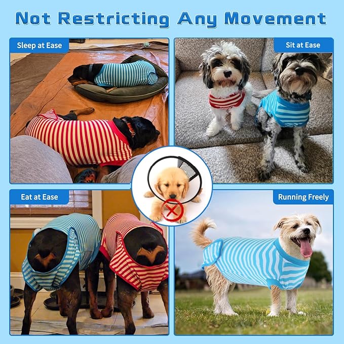 2 Packs Breathable Cotton Dog Recovery Suit for After Neuter Spay Abdominal Wounds Protector, Professional Anti-Licking Onesies for Male Female Pets Surgery Bandages, L Red & Blue Stripes