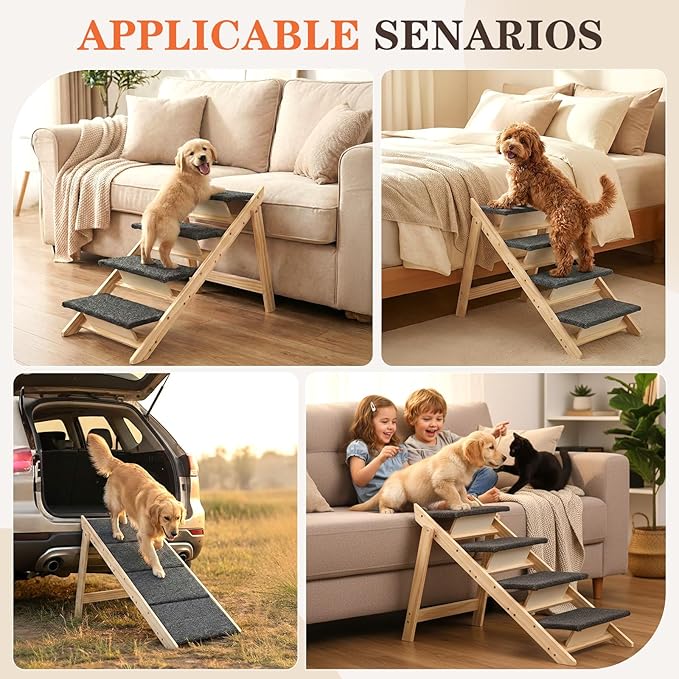 Foldable Dog Stair 2-in-1 with 4 Steps, New Zealand Pine Frame and Non-Slip Carpet Suitable for High Beds, Car,Couch, Durable Wooden Pet Stairs for Small Medium and Large Dogs, No Assembly Required