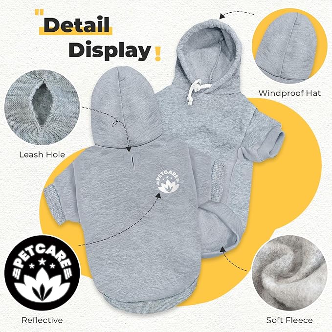 PETCARE Dog Hoodie Sweaters for Small Medium Dogs Cats Cute Soft Warm Fleece Puppy Sweaters Dog Clothes Hoodies Sweatshirt Reflective Fall Winter Chihuahua Yorkie French Bulldog Outfits, Grey