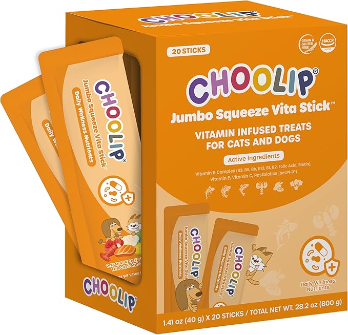 Choolip Squeeze Vita Stick Lickable Cat and Dog Treats – 20-Pack of 40g – Real Fish Puree with Multivitamins & Postbiotics – Hydrating, Gut & Immune Support – Large Breeds & Multi-Pet Homes