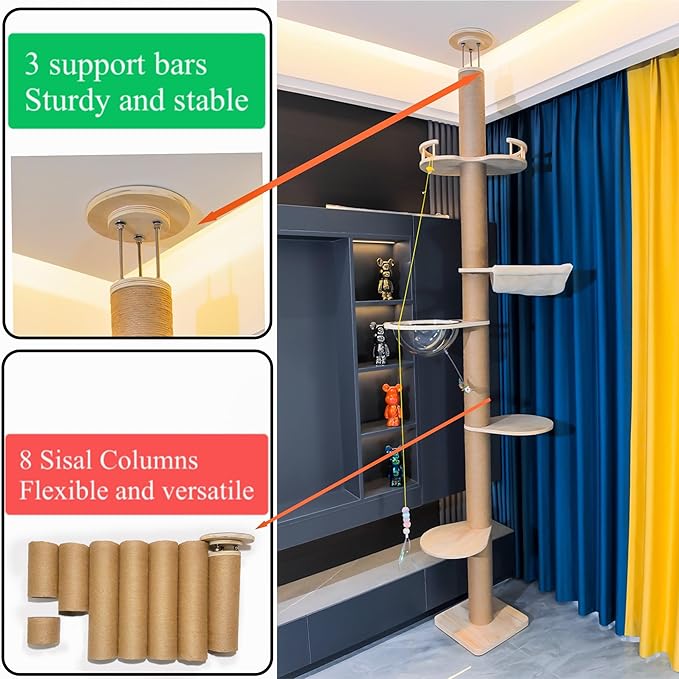 Floor to Ceiling Cat Tree Height (50-119.5in) Adjustable Cat Tower 5 Tier Hemp Scratching Post High Cat Tree Sturdy Activity Tree Indoor Outdoor Cat Scratching Post Activity Center