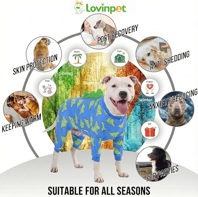 LovinPet Large Dog Pajamas, Four-Leg Stretch Onesie Bodysuit, Lightweight UV-Shielding Pajamas, Anti-Lick Calming Recovery Suit for Surgery, Pull-On for Medium and Large Breeds,Blue Green,XXL