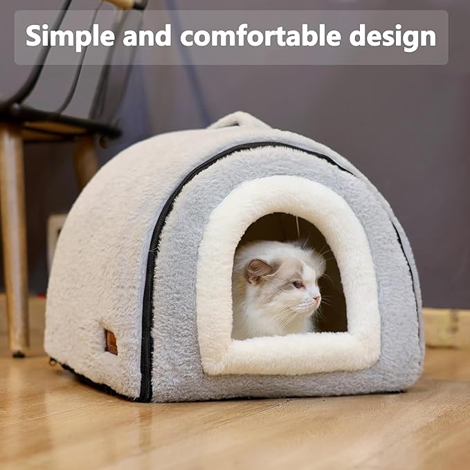 OMIVIER Cat Bed for Indoor Cats，Foldable cat cave，Anti-Slip & Water-Resistant Bottom，cat Houses for Indoor Cats or Small Dogs, Kitten Tent, Rabbit Bed，2 in 1 pet Bed (Grey)