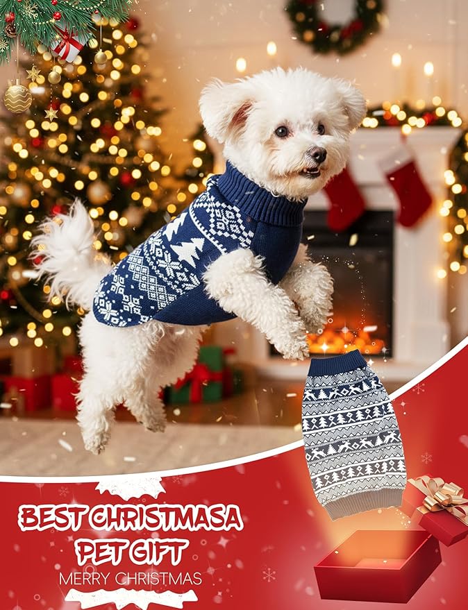 2PCS Dog Christmas Sweater, Soft Warm Pet Clothes Coat for Small Medium Large Dogs and Cats Boy Girl, Fall Cozy Holiday Turtleneck Knitting Collar Pullover Pup Outfit Costume for Thanksgiving New Year