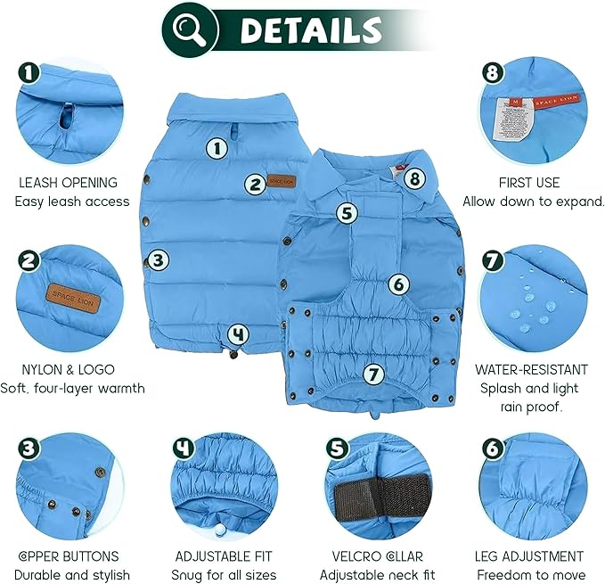 SPACE LION Dog Puffer Jacket, Down Winter Coat, Durable Outdoor Coat for Cold and Windy Conditions, Lightweight & Adjustable Fit Coats for Medium & Large Dogs, (Blue, Size20/XL)