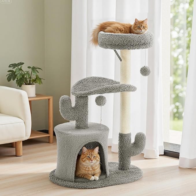 Aidoly 33 Inch Small Cat Tree Tower, Cat Tree with Curved Bed, Cat Tower with Scratching Post and Cozy Condo for Indoor Kittens and Cats, Grey