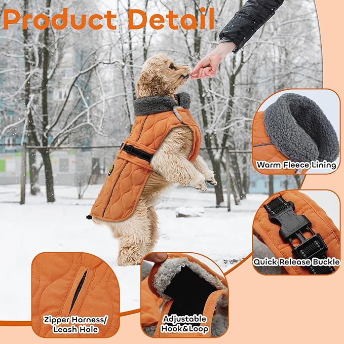 Dog Coat Winter, Waterproof Quilted Dog Jacket for Cold Weather, Reflective Adjustable Puppy Winter Coat, Warm Turtle-Neck Pet Fleece Snow Jacket for XX-Large Dogs, NewOrange XXL