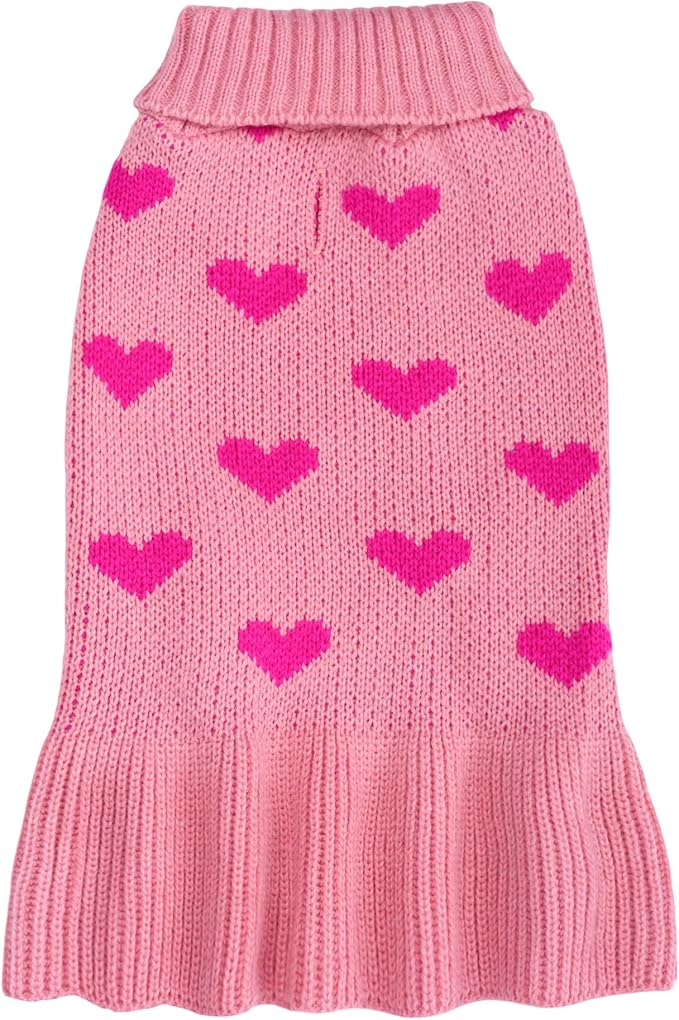 Dog Sweater Dress Heart Pink Turtleneck Knit Dress for Small Dogs 9-15 lbs Valentine Winter Pullover with Leash Hole for Wedding Mothers Day Valentine's Day