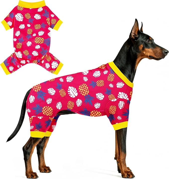 Paiaite 4-Legged Cotton Stretchable Jumpsuit Pjs: Pineapple Pattern Dog Pajamas - Lightweight Cozy Puppy Onesie Clothes, Comfortable Pet Sleepwear Jammies for Hair Shedding Coverage Yellow Edge 2XL