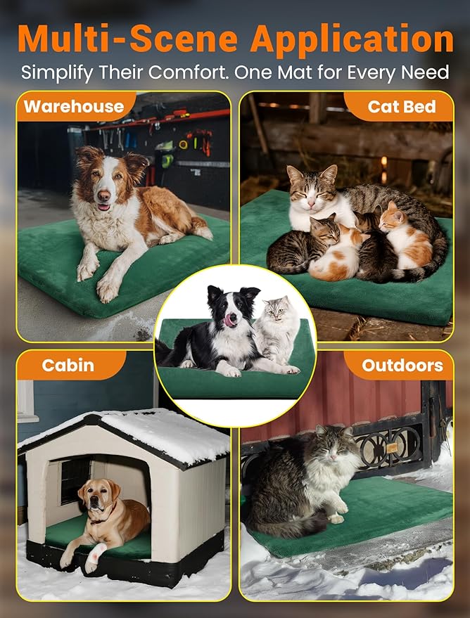 PETNF Outdoor Pet Heating Pad for Cats & Dogs, 100.4-107.6°F Auto Temp Control, Waterproof Fireproof, for Cat House/Dog Kennel/Carport, Fits Domestic & Stray Pets (Green 15.7"X27.6")