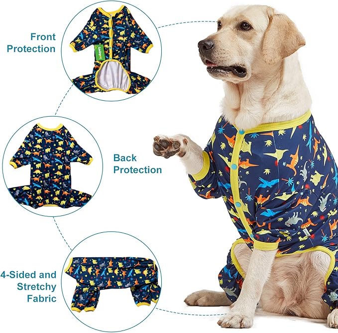 LovinPet Big Dog Pajamas for Large Dogs/Prehistoric Adventure Dinosaur Navy Print/Lightweight Stretchy Knit Pullover Dog Clothes/Large Dog Onesie, Pet Pajamas for Dogs, Pet PJ's/XL