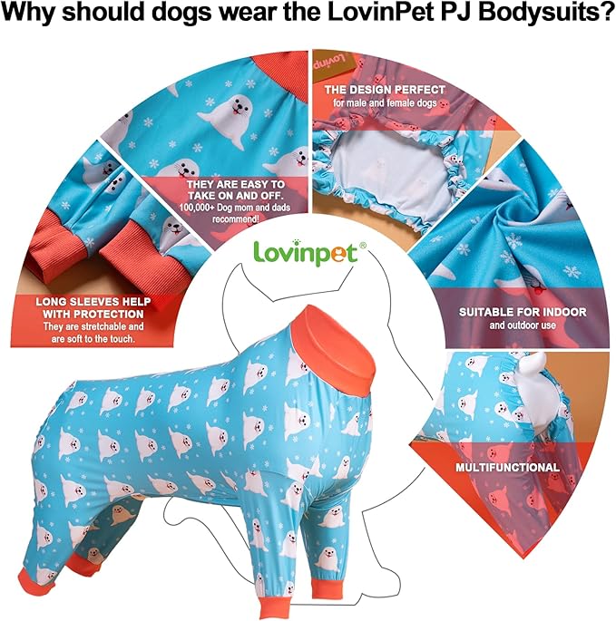 LovinPet Large Big Dog Pajamas - Anxiety Calming, Anti Licking Dog Onesie, Turquoise Sea Plants Print. Large Breed Dog Jammies, Pet PJ's for Travel & Home, Pet Pajamas for Dogs, Blue 2XL