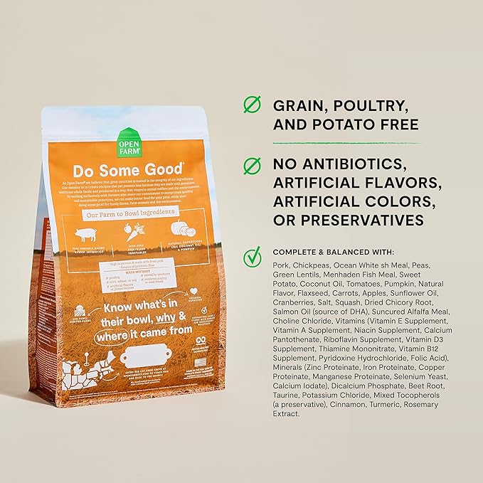 Open Farm, Grain-Free Dry Dog Food, Complete & Balanced Kibble, Sustainably & Ethically Sourced Ingredients, Non-GMO Veggies & Superfoods to Support Overall Health, Pork Recipe, 22lb Bag