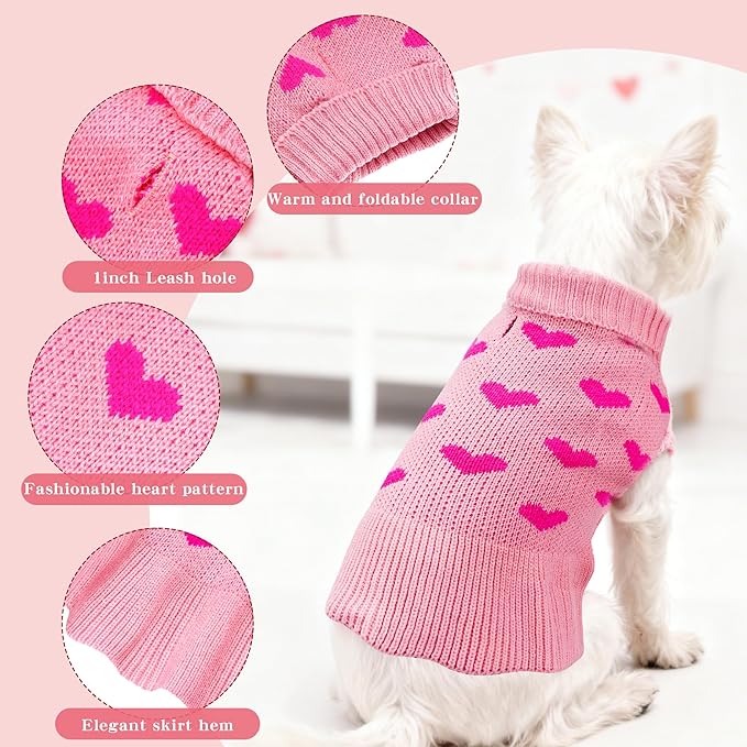 Dog Sweater Dress Heart Pink Turtleneck Knit Dress for Small Dogs 9-15 lbs Valentine Winter Pullover with Leash Hole for Wedding Mothers Day Valentine's Day