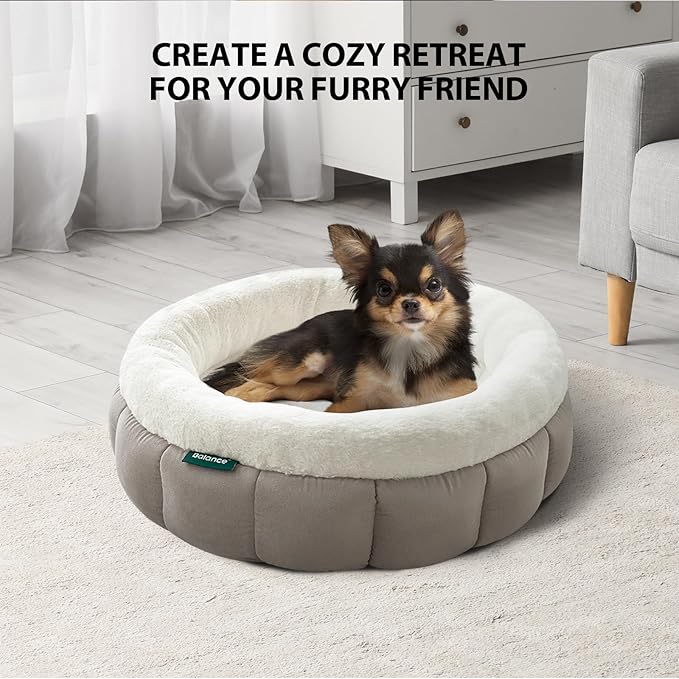 BALANCE Cat Beds for Indoor Cats, Washable Round Cat Bed, Cute Kitten Bed with Anti-Slip Bottom for Kitty and Puppy, 18 Inches, Goat