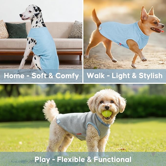 KYEESE 2Pack Dog Shirts Waffle for Small Dogs Stretchy T-Shirts Lightweight Tank Top Sleeveless Vest Breathable Cat Tee, Medium, Blue+Grey